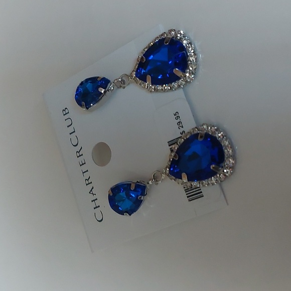 Charter Club Faux Sapphire Blue Rhinestone Teardrop Drop Earrings - Picture 3 of 5